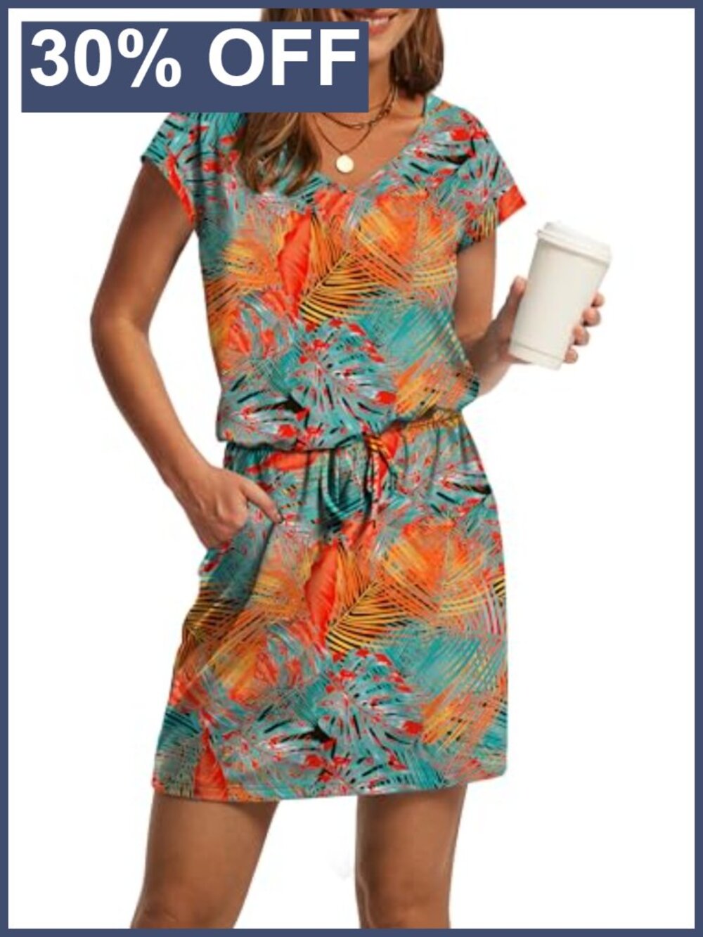 V Neck T Shirt Dress with Pockets Casual Tie Waist Summer Mini Dress